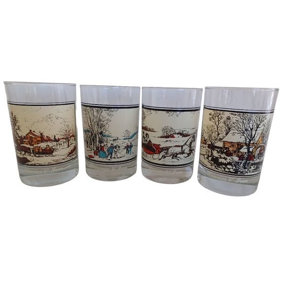 1980's Set of 4 Currier & Ives Winter Scenes Bar Glasses Heavy Bottoms 4.75"x 3" - Picture 2 of 9